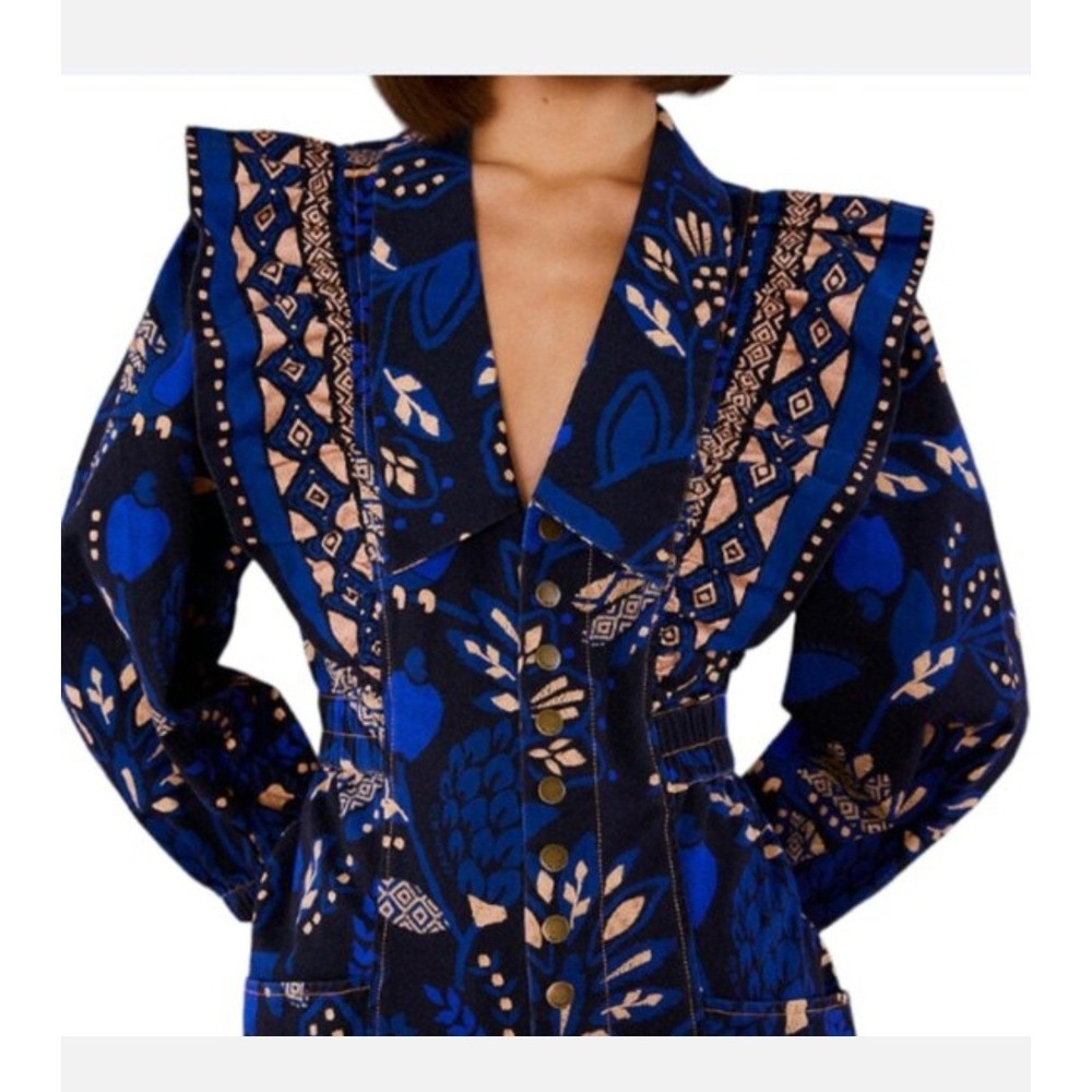 NEW Farm Rio Blue Tiles Denim Jumpsuit Ruffle Shoulder Wide Leg Blue Multi